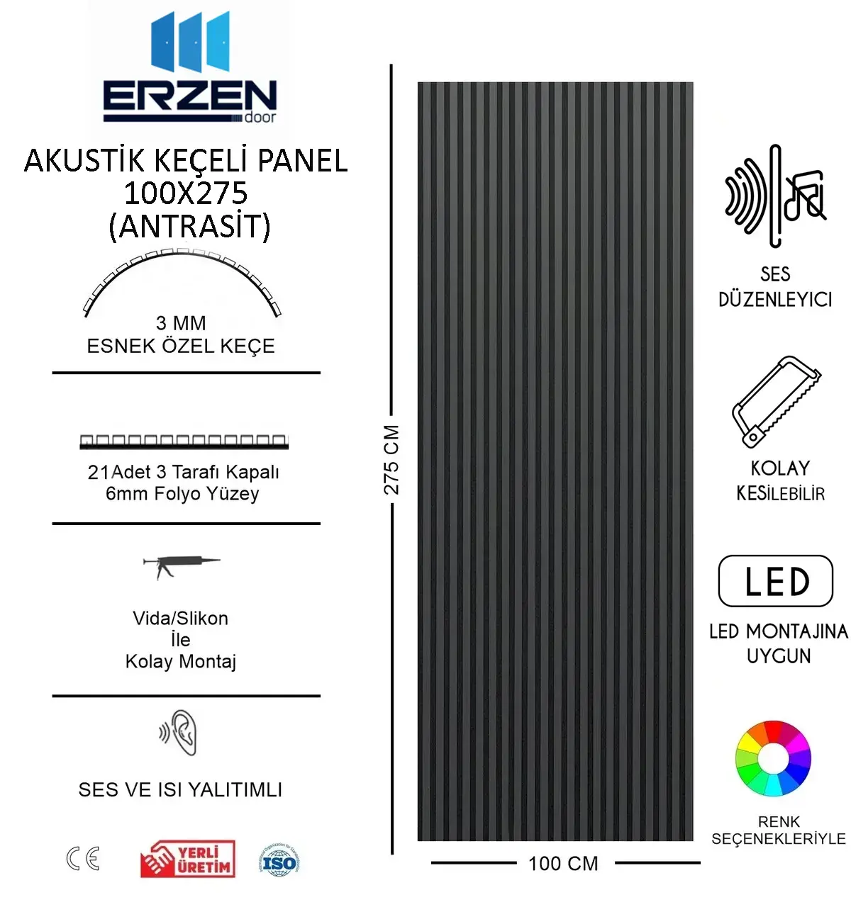 Antrasit Vestiyer TV Ünitesi Akustik Panel Mdf 100x275