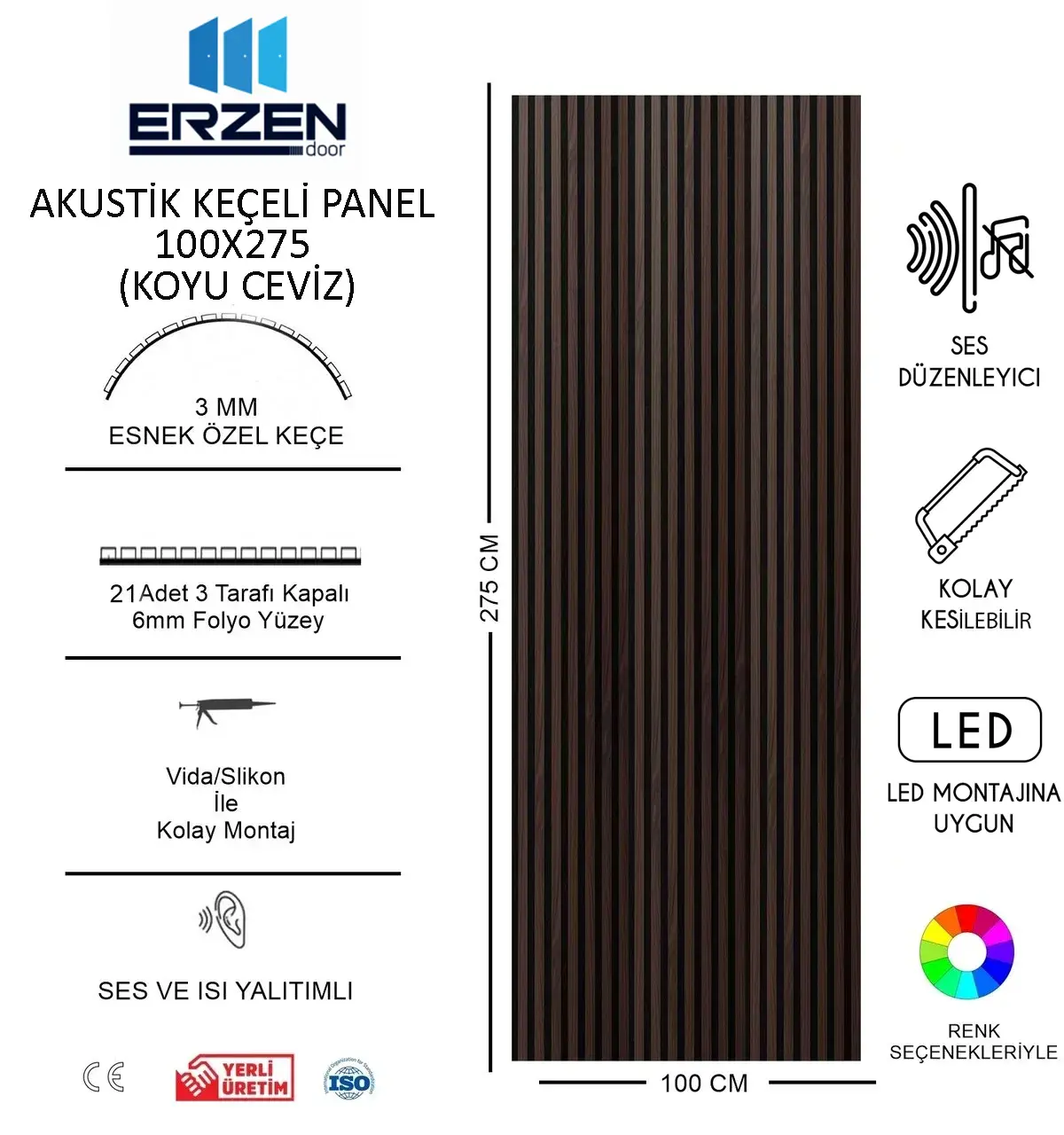 Koyu Ceviz Vestiyer TV Ünitesi Akustik Panel Mdf 100x275